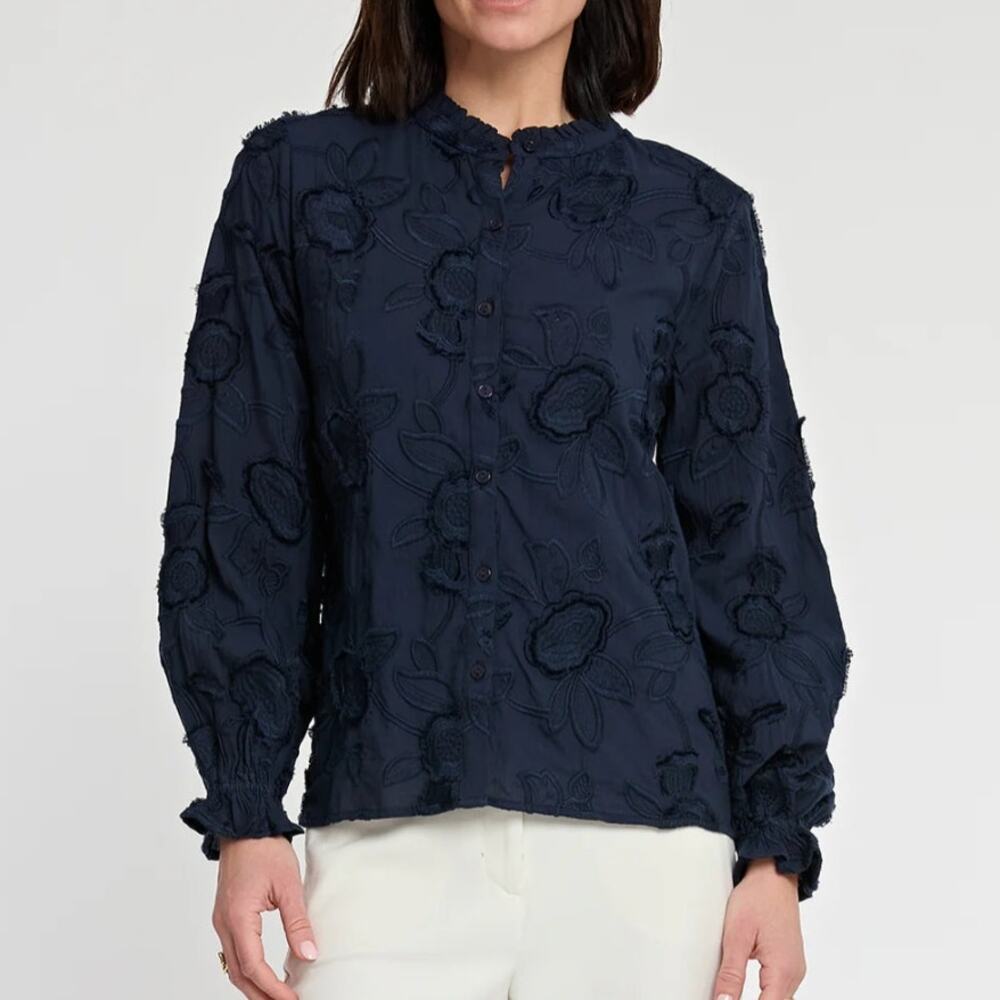 Hinson Wu Nicola Long Sleeve Floral Applique Shirt Navy Blue Large